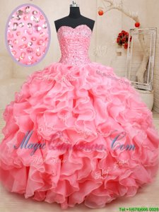 Eye-catching Pink Organza Lace Up Sweetheart Sleeveless Floor Length Quinceanera Gown Beading and Ruffles