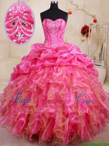 Hot Pink Ball Gowns Organza Sweetheart Sleeveless Beading and Ruffles and Pick Ups Floor Length Lace Up Ball Gown Prom Dress