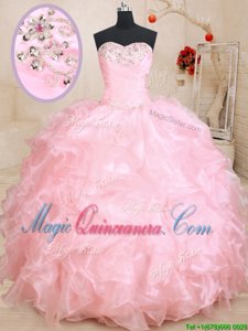 Sweetheart Sleeveless Lace Up 15 Quinceanera Dress Baby Pink Organza