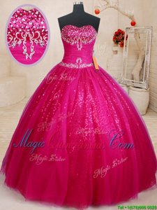 Beading and Sequins Quinceanera Dresses Fuchsia Lace Up Sleeveless Floor Length