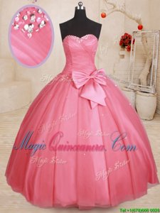 Lovely Pink Tulle Lace Up Sweet 16 Dress Sleeveless Floor Length Beading and Bowknot