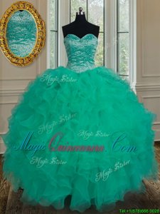 Flirting Turquoise Sleeveless Floor Length Beading and Ruffles Lace Up Vestidos de Quinceanera