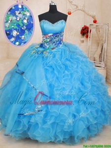 Super Baby Blue Lace Up Sweetheart Beading and Ruffles and Pattern Quinceanera Gown Organza Sleeveless