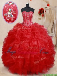 Extravagant Red Sleeveless Organza Lace Up Quinceanera Dress for Military Ball and Sweet 16 and Quinceanera