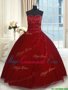 Wine Red Ball Gowns Sweetheart Sleeveless Tulle Floor Length Lace Up Beading and Appliques Sweet 16 Dresses