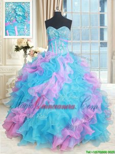 Sweetheart Sleeveless Organza Sweet 16 Dresses Beading and Appliques and Ruffles Lace Up