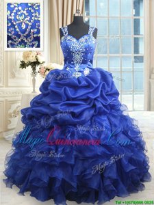 Straps Straps Organza Sleeveless Floor Length Quinceanera Dress and Beading and Ruffles and Pick Ups