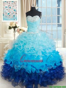 Glamorous Sweetheart Sleeveless Sweet 16 Dress Floor Length Beading and Ruffles Royal Blue and Aqua Blue Organza