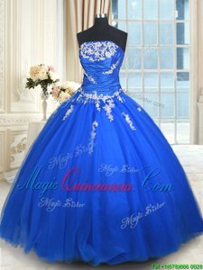 Designer Beading and Appliques Sweet 16 Dress Blue Lace Up Sleeveless Floor Length