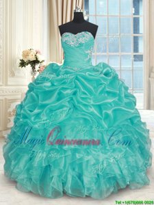 Sexy Turquoise Ball Gowns Beading and Ruffles Sweet 16 Dresses Lace Up Organza Sleeveless Floor Length