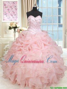 Comfortable Baby Pink Lace Up Sweetheart Beading and Ruffles and Pick Ups Quince Ball Gowns Organza Sleeveless