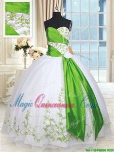 White and Green Lace Up Quinceanera Gowns Embroidery and Belt and Hand Made Flower Sleeveless Floor Length