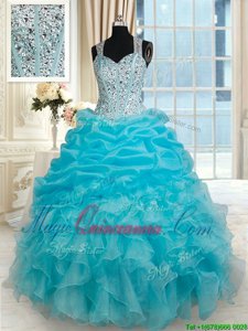 Straps Straps Pick Ups Aqua Blue Sleeveless Organza Zipper Quinceanera Gown for Military Ball and Sweet 16 and Quinceanera