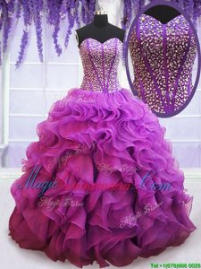 Dramatic Floor Length Lace Up Sweet 16 Quinceanera Dress Eggplant Purple and In for Military Ball and Sweet 16 and Quinceanera with Beading and Ruffles