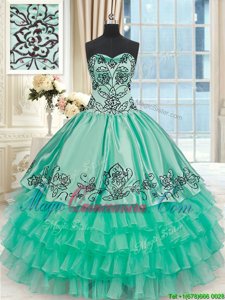 Turquoise Ball Gowns Embroidery and Ruffled Layers Quinceanera Dresses Lace Up Organza and Taffeta Sleeveless Floor Length