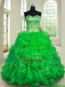Comfortable Green Ball Gowns Organza Sweetheart Sleeveless Beading and Ruffles Floor Length Lace Up Sweet 16 Dresses