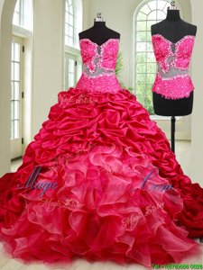 Chapel Train See Through Coral Red Sweetheart Neckline Beading and Ruffles and Pick Ups Sweet 16 Quinceanera Dress Sleeveless Lace Up