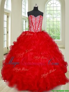Floor Length Red Ball Gown Prom Dress Sweetheart Sleeveless Lace Up