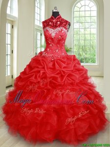 Deluxe See Through Red High-neck Lace Up Beading and Ruffles and Pick Ups Quinceanera Gown Sleeveless