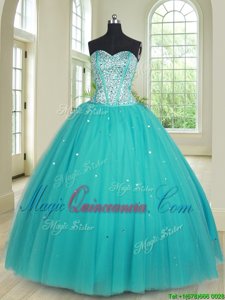 Floor Length Lace Up Quinceanera Dresses Aqua Blue and In for Military Ball and Sweet 16 and Quinceanera with Beading