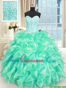 Turquoise Sleeveless Organza Lace Up Sweet 16 Dress for Military Ball and Sweet 16 and Quinceanera