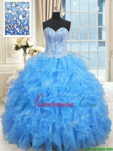 Sweetheart Sleeveless Sweet 16 Dress Floor Length Beading and Ruffles and Ruffled Layers Baby Blue Satin and Organza