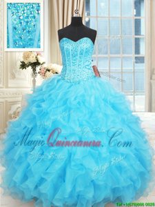 Excellent Sweetheart Sleeveless Sweet 16 Dresses Floor Length Beading and Ruffles and Ruffled Layers Aqua Blue Organza