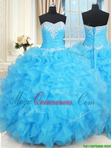 Baby Blue Ball Gowns Beading and Ruffles and Ruffled Layers Quinceanera Dress Lace Up Organza Sleeveless Floor Length