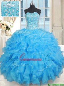 Sleeveless Floor Length Beading Lace Up Quinceanera Dresses with Baby Blue