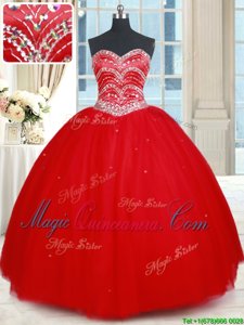 Deluxe Red Lace Up Sweetheart Beading Vestidos de Quinceanera Tulle Sleeveless