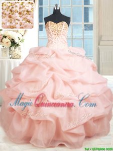 Edgy Floor Length Baby Pink Sweet 16 Quinceanera Dress Organza Sleeveless Beading and Embroidery and Pick Ups