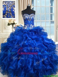 Excellent Floor Length Royal Blue Quinceanera Dress Organza Sleeveless Beading and Ruffles and Ruffled Layers