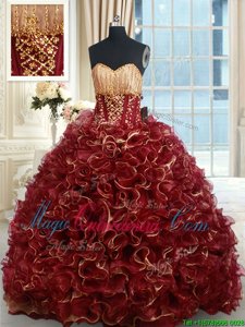 Sweetheart Sleeveless Sweet 16 Dresses Brush Train Beading and Ruffles Burgundy Organza