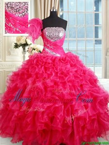 Excellent Floor Length Lace Up Sweet 16 Dress Hot Pink and In for Military Ball and Sweet 16 and Quinceanera with Sequins