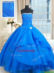 Traditional Beading and Lace and Sequins 15th Birthday Dress Blue Lace Up Sleeveless Floor Length Court Train