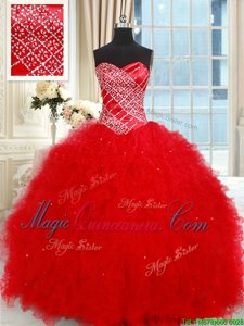 Red Ball Gown Prom Dress Military Ball and Sweet 16 and Quinceanera and For with Beading and Ruffled Layers Sweetheart Sleeveless Lace Up