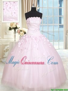 High Quality Strapless Sleeveless Sweet 16 Quinceanera Dress Floor Length Beading and Appliques Baby Pink Tulle