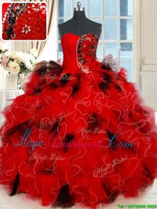Spectacular Black and Red Ball Gowns Sweetheart Sleeveless Tulle Floor Length Lace Up Beading and Ruffles and Sequins Sweet 16 Dresses