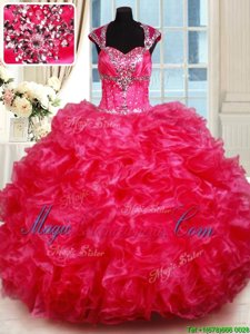 Hot Pink Cap Sleeves Floor Length Beading and Ruffles Backless Ball Gown Prom Dress