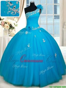 Chic One Shoulder Baby Blue Sleeveless Tulle Zipper 15th Birthday Dress for Military Ball and Sweet 16 and Quinceanera