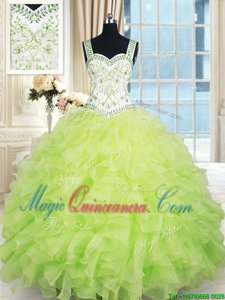 Beauteous Straps Straps Sleeveless Floor Length Beading and Ruffles Lace Up Sweet 16 Quinceanera Dress with Yellow Green