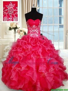 Red Organza Lace Up Sweetheart Sleeveless Floor Length Sweet 16 Quinceanera Dress Beading and Ruffles