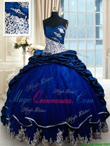 Trendy Lace Up Ball Gown Prom Dress Royal Blue and In for Military Ball and Sweet 16 and Quinceanera with Appliques and Pick Ups Court Train