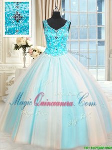 White and Blue Ball Gowns Beading 15th Birthday Dress Lace Up Tulle Sleeveless Floor Length