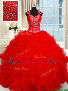 Red Backless Sweet 16 Quinceanera Dress Beading and Ruffles Cap Sleeves Floor Length