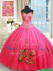 Custom Designed Sleeveless Tulle Floor Length Lace Up Sweet 16 Dress in Hot Pink for with Beading and Appliques