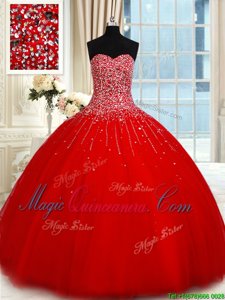 Popular Red Sleeveless Tulle Lace Up Quince Ball Gowns for Military Ball and Sweet 16 and Quinceanera