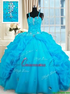 Customized Pick Ups Straps Sleeveless Lace Up Vestidos de Quinceanera Baby Blue Organza