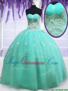 Apple Green Organza Zipper Sweetheart Sleeveless Floor Length Quinceanera Gowns Beading and Appliques
