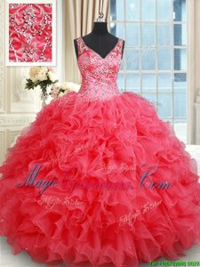 Adorable Ball Gowns Quinceanera Gown Coral Red V-neck Organza Sleeveless Floor Length Backless